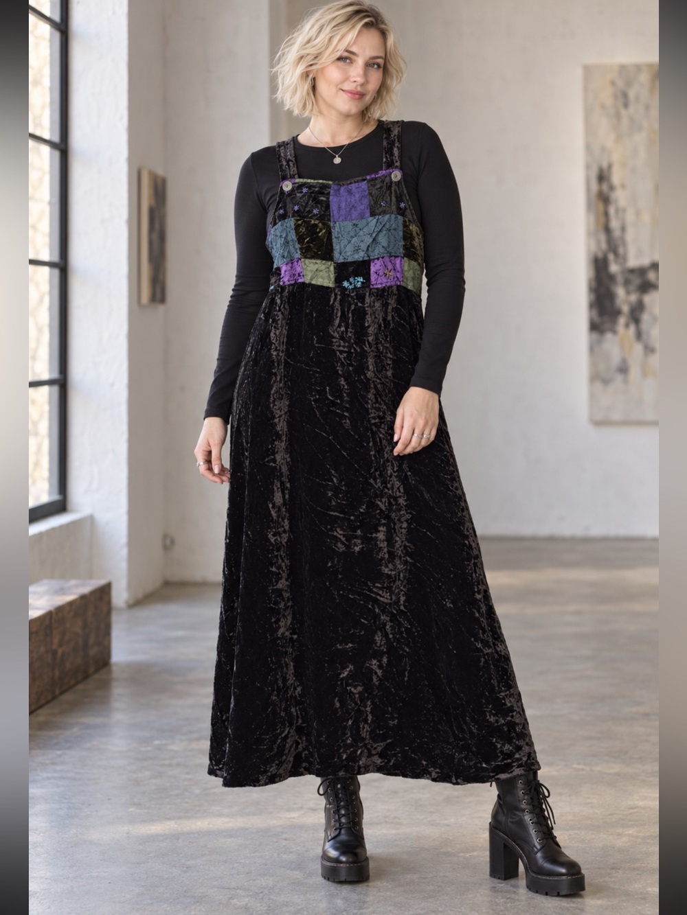 Vintage Velvet Patchwork Overall Maxi Dress jumper  Carol Anderson size L